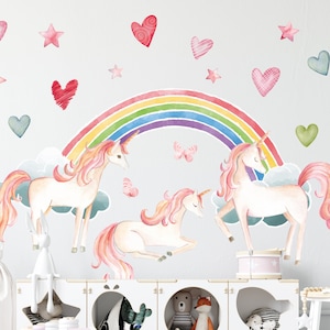 Licornes WallDecal Stickers Large - Décor de chambre de fille - Pépinière de filles - Peel Stick - Nursery RainbowDecal - Autocollant de papier peint auto-adhésif