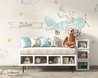 Pilot mouse / Wallpaper for children / Non-woven wallpaper /  Environmentally-friendly / Produced in The Netherlands / Walloha.com