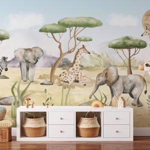 Carta da parati PERSONALIZZATA con animali safari per la camera dei bambini/Carta da parati per la camera dei bambini con tema Savana/Giraffa murale ad acquerello/Su misura