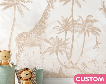 SAFARI GIRAFFE Wallpaper Mural Animal Kids Wall Nursery Decor Neutral Color Wall Art Custom Wallpaper Kids Room Decor Jungle Themed Room