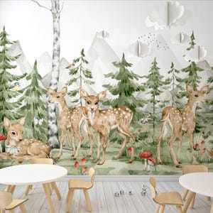 FOREST DEER Carta da parati Foresta / Foresta murale per camera dei bambini / Decorazione murale a tema natura verde e animali / Carta da parati personalizzata per bambini con animali