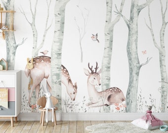 Papier peint chambre d'enfant ~ Cerf dans la forêt ~ Papier peint intissé ~ Sans danger pour les enfants et l'environnement ~ Produit aux Pays-Bas ~ Walloha.com