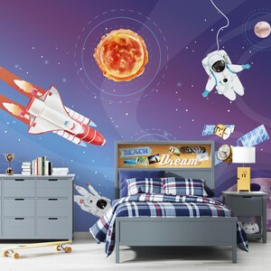 Carta da parati per la cameretta dei bambini ~ Viaggia nello spazio ~ Carta da parati in tessuto non tessuto ~ Sicura per i bambini e per l'ambiente ~ Prodotta nei Paesi Bassi ~ Walloha.com