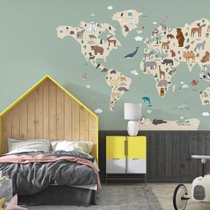 Tapete Kinderzimmer ~ Weltkarte mit Tieren ~ Vliestapete ~ Sicher für Kinder und die Umwelt ~ Hergestellt in den Niederlanden ~ Walloha.com