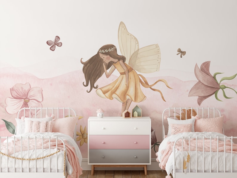 FAIRY Wallpaper for Girls / Flower Fairy / Fairytale Kids Wallpaper / Wall Mural / Floral Wallpaper / Custom Wallpaper image 1