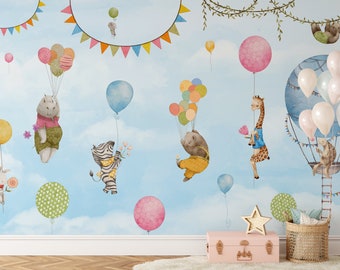 MAATWERK Kinderbehang met Feestelijke Dieren / Heteluchtballon Muurschildering voor Speelkamer / Kleurrijk Fotobehang / Op Maat Gemaakt