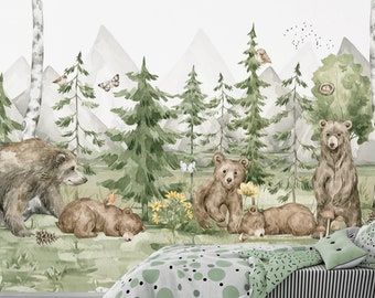 BEAR Wall Mural Kids / Whimsical Woodland Animals Wallpaper Pine Trees / Customizable Nursery Wall Decor / Custom Kids Wallcovering Bears