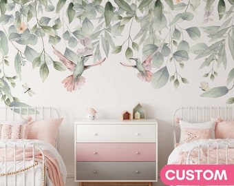 EUCALYPTUS LEAVES Wall Decor Nursery Girl Wallpaper Mural Nature Wallcovering Babies Room Decor Girl Custom Botanical Wallpaper Hummingbird