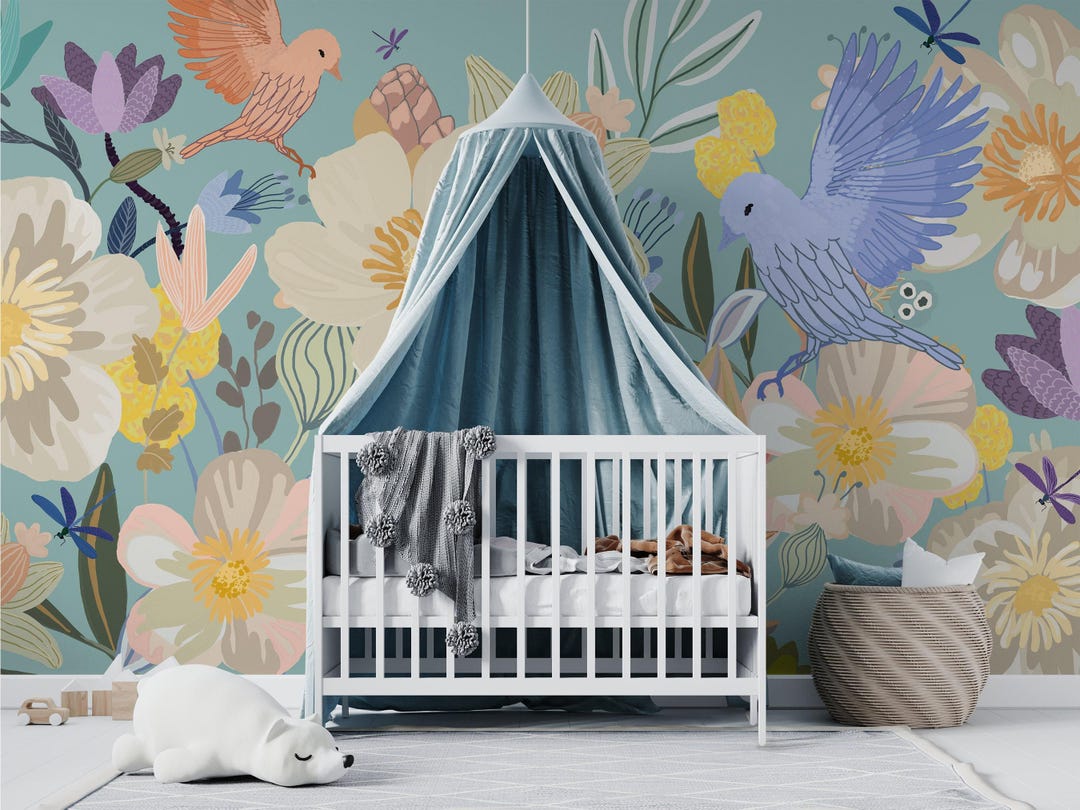 CUSTOM Kids Floral and Bird Wallpaper / Botanical Nursery Wall Art ...