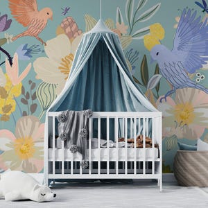 MASSGESCHNEIDERTE Blumentapete mit Vögeln / Botanisches Babyzimmer-Wandbild / Personalisierte Fototapete für Kinder / Geschlechtsneutral