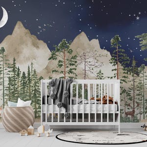 Carta da parati FORESTA per la cameretta dei bambini, Cielo notturno / Carta da parati fotografica Luna e stelle / Murale con alberi, animali e spazio / Realizzata su misura