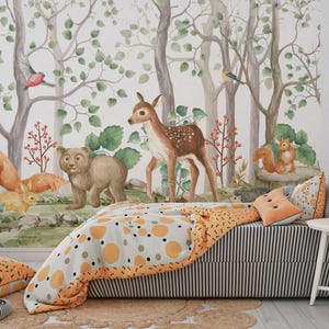 MASSGESCHNEIDERTE Waldtiere Kindertapete / Tierwandbild Fuchs und Hirsch / Aquarellwald mit Flora und Fauna / Babyzimmerwand / Maßgeschneidert