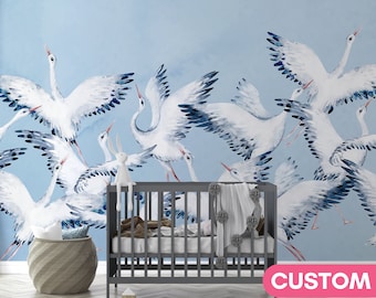 CRANE Wallpaper Mural Storks and Bird Kidsroom Wall Decor Nursery Boys and Girls Neutral Baby Room Wallcovering Crane Birds Wall Customized