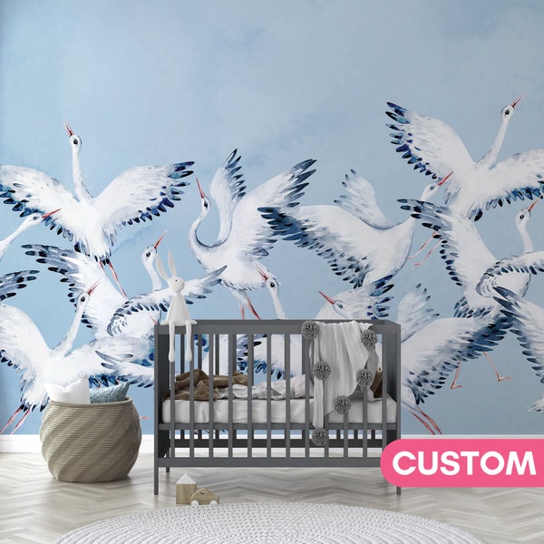 CRANE Wallpaper Mural Storks and Bird Kidsroom Wall Decor Nursery Boys and Girls Neutral Baby Room Wallcovering Crane Birds Wall Customized