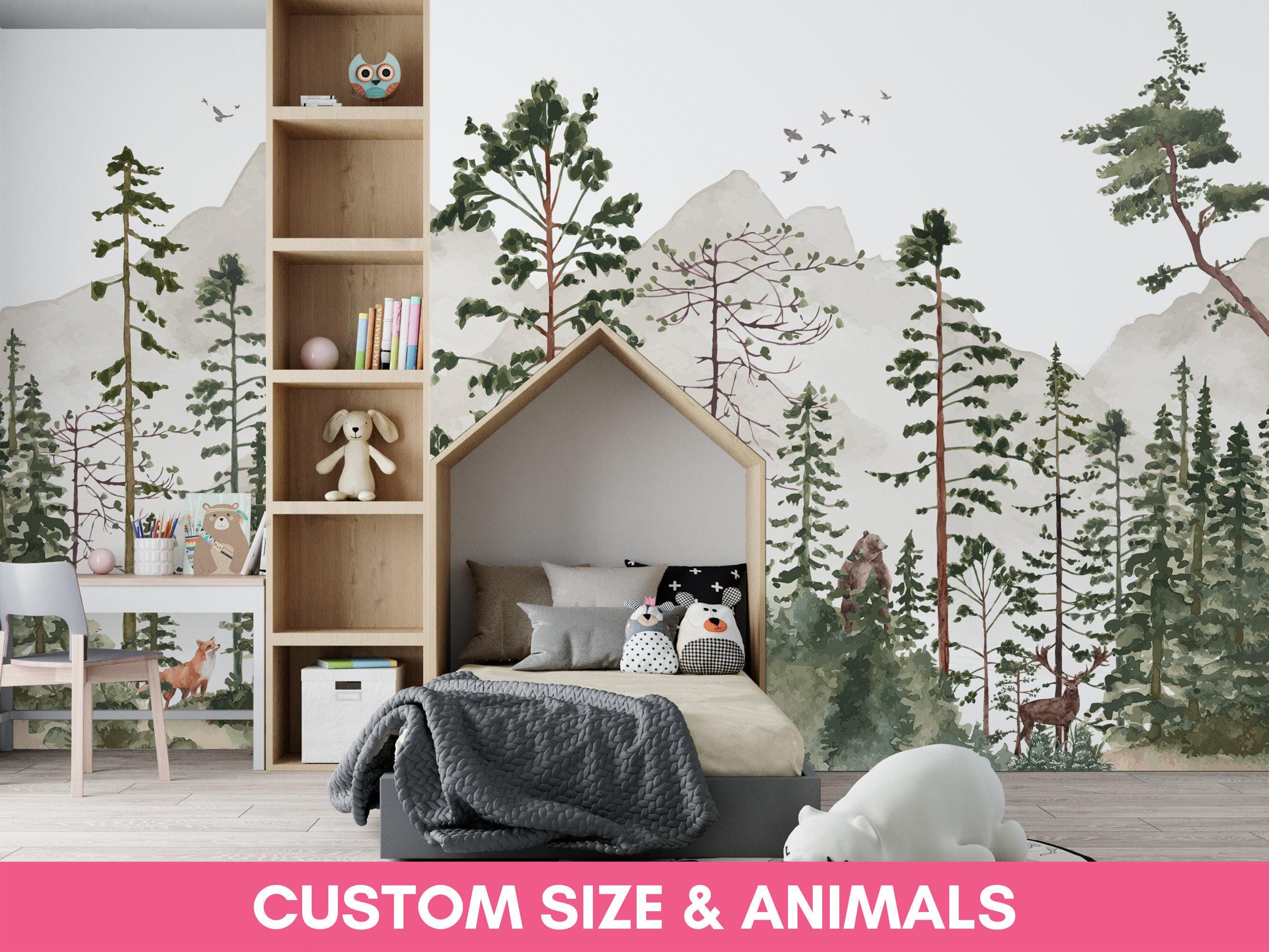 WOODLAND Wallpaper With Animals / The Friendly Forest / Forest Kids Wallpaper / Custom Wallpaper for Children