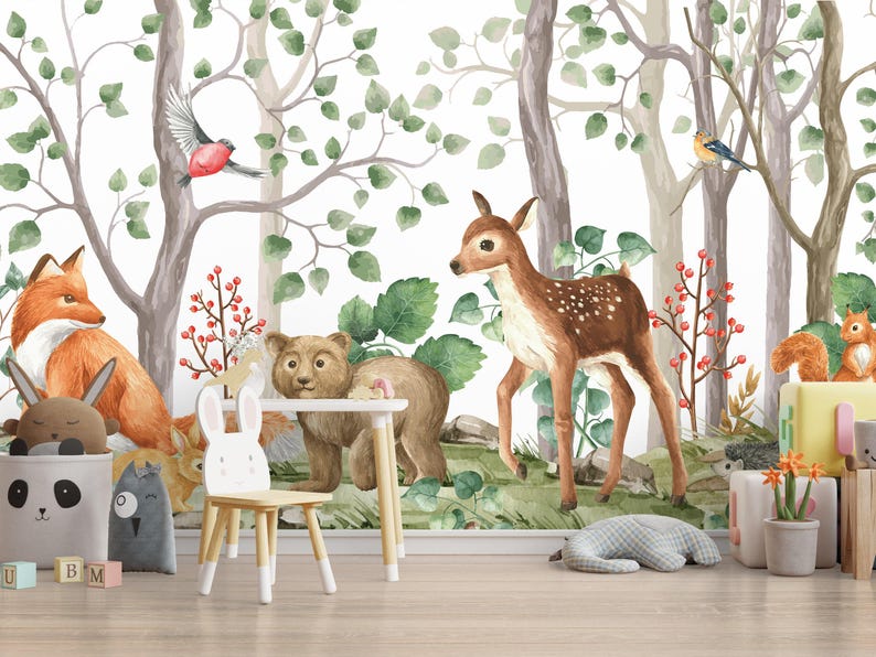 CUSTOM Forest Animal Kids Wallpaper / Fox and Deer Wall Mural ...