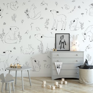 Carta da parati con foresta SU MISURA con animali per bambini / Carta da parati in bianco e nero per cameretta con volpi e cervi / Personalizzabile in qualsiasi colore / Realizzata su misura