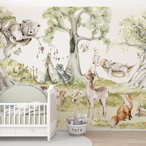 FORESTA Carta da parati per bambini / Carta da parati allegra con animali / Carta da parati per bambini / Carta da parati per cameretta dei bambini / Carta da parati per cameretta dei bambini / Carta da parati fotografica Alberi / Realizzata su misura