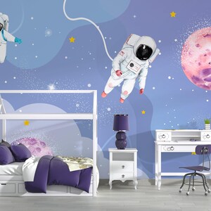 Carta da parati spaziale SU MISURA con astronauti / Carta da parati per bambini a tema spaziale / Carta da parati fotografica con pianeti per la camera delle ragazze e quella dei ragazzi / Realizzata su misura