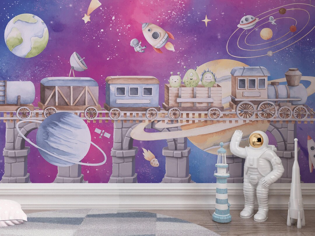 SPACE ADVENTURE Kids Wallpaper / Boys Room Mural Planets and Astronauts ...