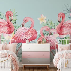 MASSGESCHNEIDERTE Flamingo-Tapete / Tropische Flamingos-Fototapete / Maßgeschneiderte Vliestapete / Fototapeten-Akzentwand für Mädchenzimmer, Schlafzimmer