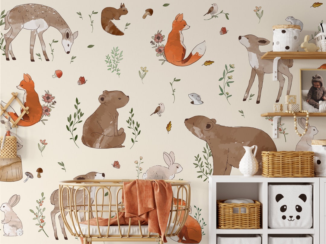 CUSTOM Forest Wallpaper With Animals / Woodland Wall Mural / Boho ...