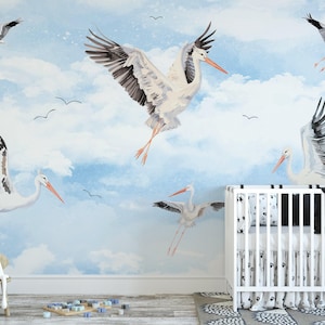 BABY ROOM Carta da parati Cicogne / Carta da parati per bambini Nuvole Murale Genere neutro / Carta da parati fotografica pacifica Cielo e uccelli / Realizzato su misura