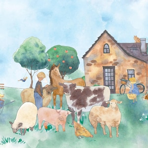 FARM ANIMAL Wallpaper / Watercolor Farmhouse Wallpaper for Kids Room or Nursery / Custom Wallpaper
