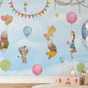 Carta da parati PERSONALIZZATA per bambini con animali festivi / Murale con mongolfiere per sala giochi / Carta da parati fotografica colorata / Realizzata su misura