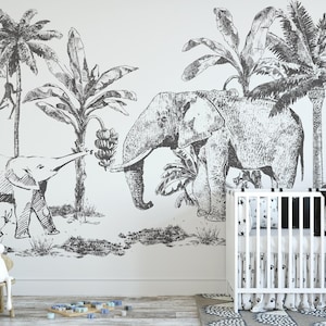 Carta da parati con elefante SU MISURA / Personalizzabile in qualsiasi colore / Carta da parati della giungla tropicale con elefanti / Cameretta minimalista / Realizzata su misura