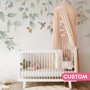 GOLDENE EUKALYPTUS-Tapete, Wandgemälde für Babyzimmer, Mädchen, Blätter und Kolibri, Wandgemälde für Kinderzimmer, Naturthema, individuelle Tapete
