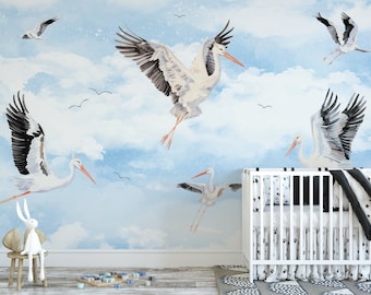 NURSERY Wallpaper Storks / Soft Cloud Sky Mural / Neutral Bird Wallcovering for Boys and Girls / Custom Wallpaper Mural / Bespoke for Kids