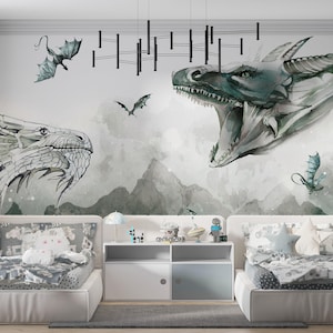 Carta da parati drago SU MISURA Camera per ragazzi / Murale fantasy draghi e montagne / Carta da parati fotografica verde con animali mitici / Realizzato su misura