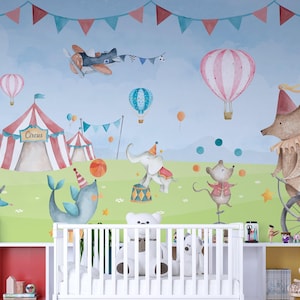 MASSGESCHNEIDERTE Zirkus-Tapete / Fröhliche und farbenfrohe Zirkustiere-Fototapete / Verspieltes Kinderzimmer- oder Spielzimmer-Wandbild / Maßgeschneidert