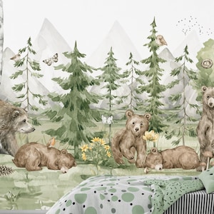 BÄREN Tapete Wald / Niedliche Tiertapete Babyzimmer / Bäume Wald Thema Wandbild Kinderzimmer / Individuelle Tapete Tiere für Kinder