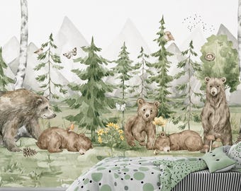 BEARS Wallpaper Bosque / Lindo Animal Wallpaper Baby Room / Trees Forest Theme Mural Kids Room / Custom Wallpaper Animales para niños