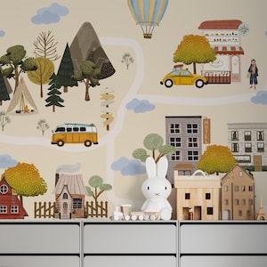 SU MISURA Carta da parati per bambini con natura e città / Murale carino con vita di villaggio / Carta da parati colorata con alberi ed edifici / Realizzata su misura