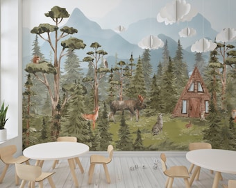 WOODLAND Wallpaper / Kids Wallpaper With Trees, Mountains and Animals / Custom Wallpaper for Kids