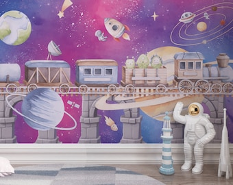 SPACE ADVENTURE Papier peint pour enfants / Papier peint pour garçons avec des planètes et des astronautes / Décoration murale colorée Galaxy pour tout-petits et enfants d’âge préscolaire / Papier peint personnalisé