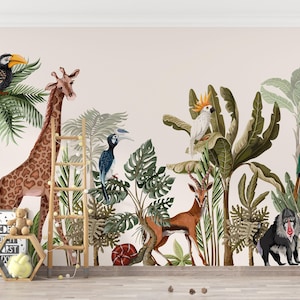 SAFARI BOHO Wallpaper / Tropical Wallpaper With Jungle Animals, Birds and Plants / Custom Wallpaper for Kids