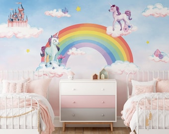 UNICORN Wallpaper / Rainbow Wallpaper Mural / Girls Room Wallpaper / Girl Wallpaper / Pink Watercolor Wallpaper / Custom Wallpaper