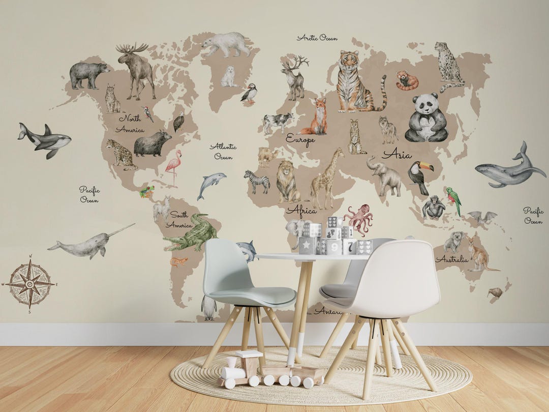Buy Educational ANIMAL WORLD MAP Wallpaper / Informative Kids Room ...