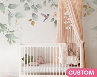 GOUDEN EUCALYPTUS Behang Babykamer Meisje Muurschildering Bladeren en Kolibrie Fotobehang Kinderkamer Natuur Thema Behangpapier op Maat