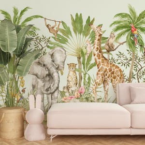 Carta da parati JUNGLE / Carta da parati Jungle per la camera dei bambini con elefante, giraffa, ghepardo / Carta da parati fotografica Animali / Realizzata su misura
