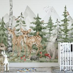 FOREST Animals Wallpaper Chambre d’enfant en bas âge / Papier peint apaisant de la forêt Chambre de bébé / Peinture murale Thème nature Chambre d’enfant / Papier peint personnalisé pour enfants Animaux