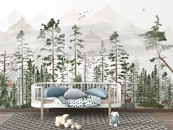 BOS Fotobehang / Behang Bomen Muurschildering / Kinderbehang / Dieren Behang / Kinderkamer Behang Babykamer / Op Maat Gemaakt