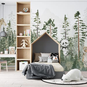 Carta da parati con foresta di animali tropicali su misura per la camera dei bambini / Carta da parati fotografica con foresta e animali / Murale con foresta, alberi e animali / Su misura