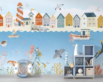 Day at the beach / Wallpaper for children / Non-woven wallpaper /  Environmentally-friendly / Produced in The Netherlands / Walloha.com