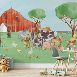 May include: A watercolour mural showing a farm scene with a red barn, various farm animals, and people. The mural features a green field, blue sky, and trees. The scene includes a horse, cow, donkey, goats, pigs, and chickens.