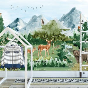 Carta da parati PERSONALIZZATA con foresta incantevole per cameretta dei bambini / Carta da parati fotografica Animali selvatici e natura / Carta da parati con montagne e animali / Realizzata su misura